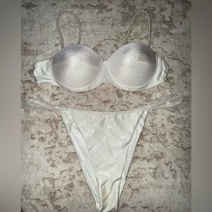 Elegant White Bikini with Pearl Straps and sarong cover up
